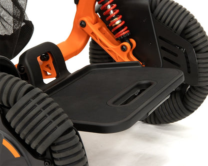 Close-up of the Robooter E60 Pro GT coil spring front suspension above its one piece depth adjustable footplate