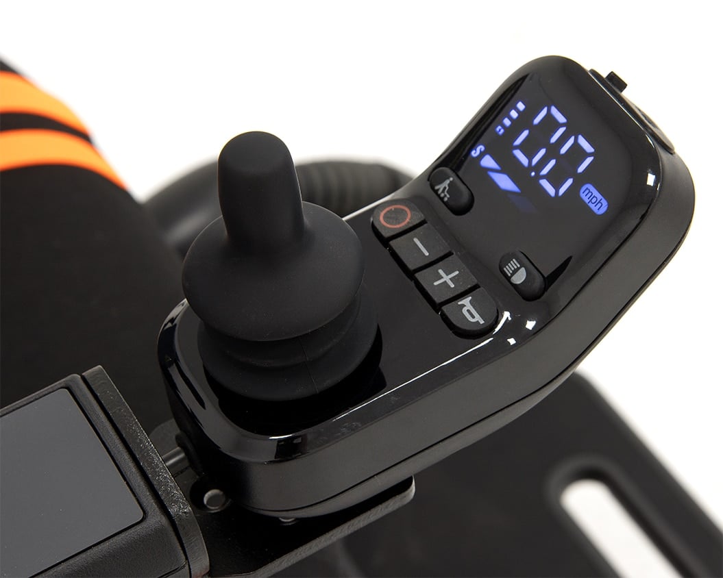 The Robooter E60 Pro GT joystick and integrated controller, with the backlit display angled up towards the rider