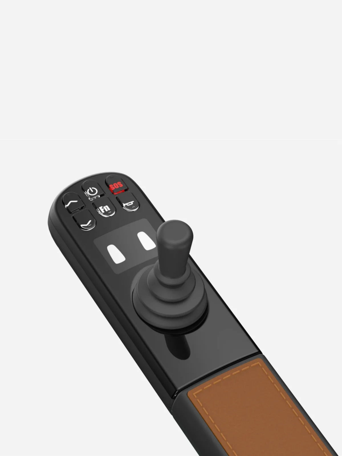 Detailed view of the smart joystick controller on the armrest of the Robooter E60.