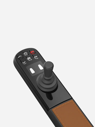 Detailed view of the smart joystick controller on the armrest of the Robooter E60.