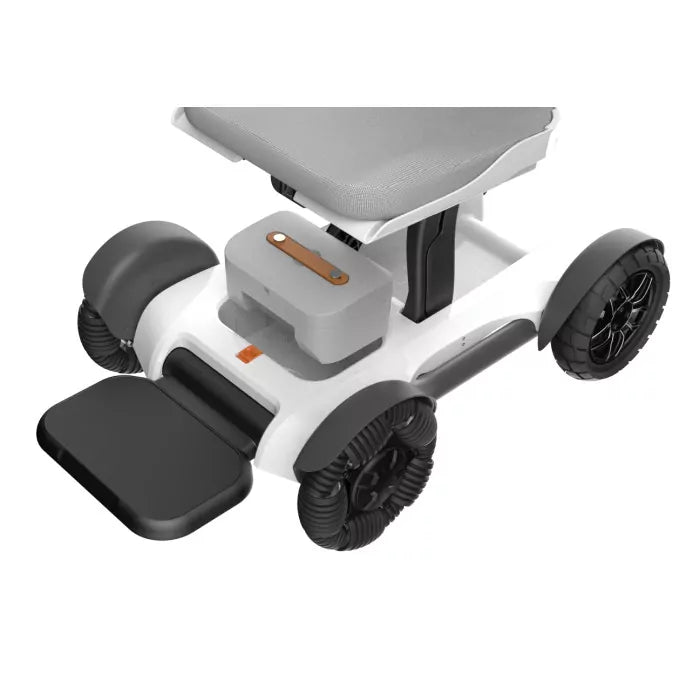 Detailed view of the sturdy anti-slip footrest and durable front base of the Robooter X40 power wheelchair.