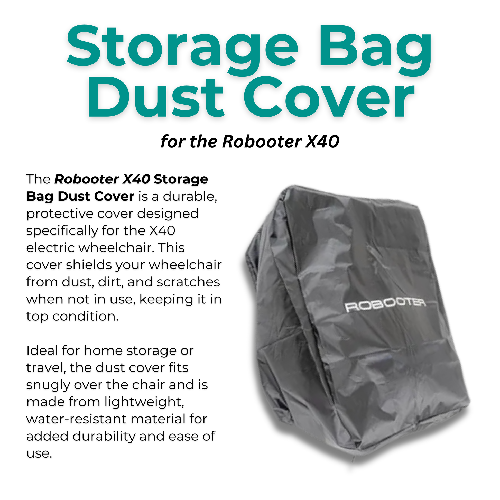 Feature graphic highlighting the custom-fit Robooter X40 dust cover and its convenient black storage bag, designed for total environmental protection.