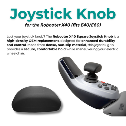 Feature graphic showcasing the high-density Robooter square joystick knob, an ergonomic OEM replacement designed for the X40, E40, and E60 electric wheelchairs.