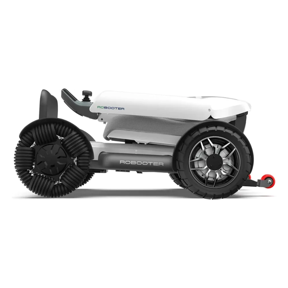 Robooter X40 electric wheelchair folded flat into its compact travel profile, side view on a white background