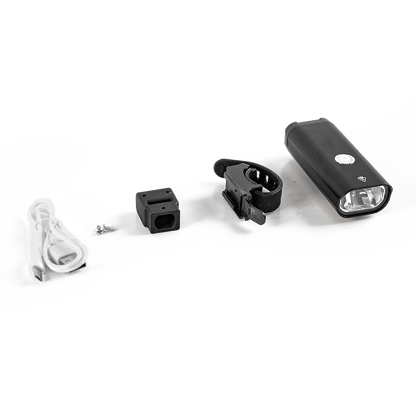 Standalone view of the black Robooter X40 LED handrail lamp alongside its secure mounting hardware components.