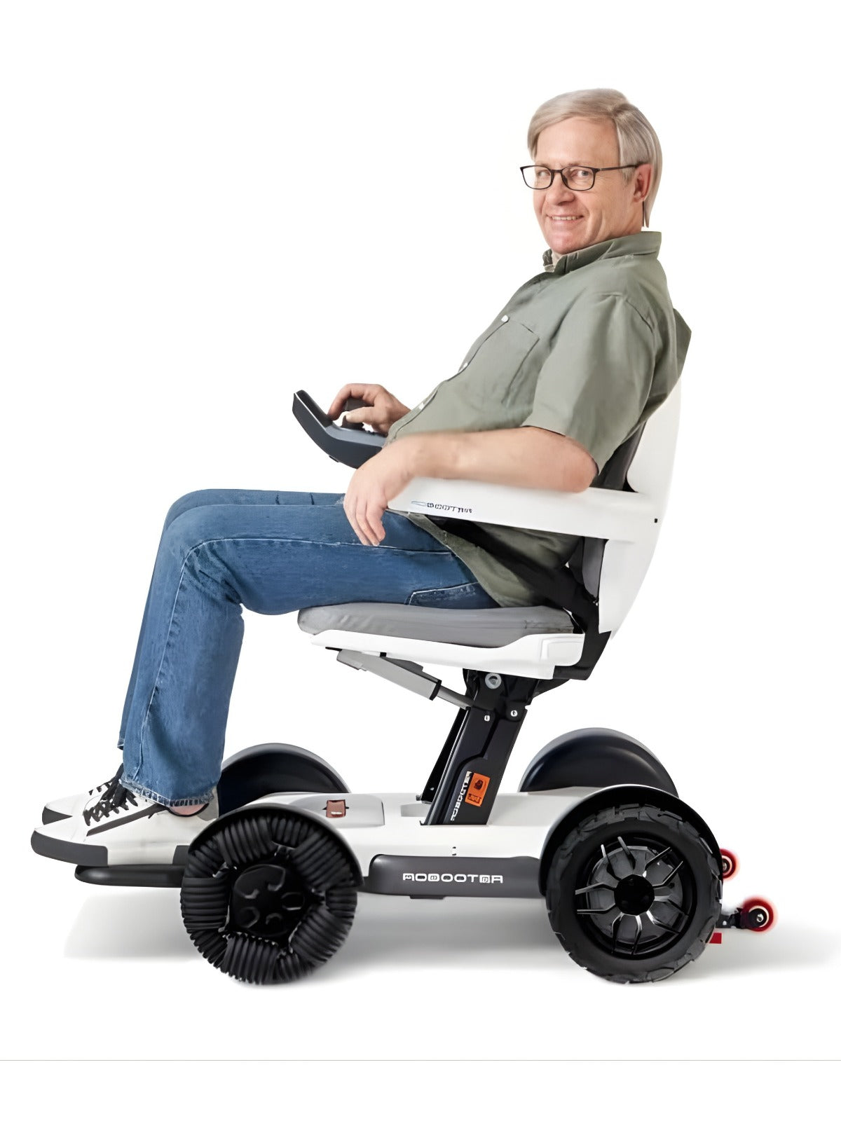 side view of the sleek white Robooter X40 indoor and outdoor power wheelchair.