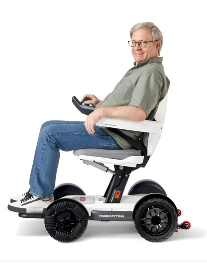 side view of the sleek white Robooter X40 indoor and outdoor power wheelchair.