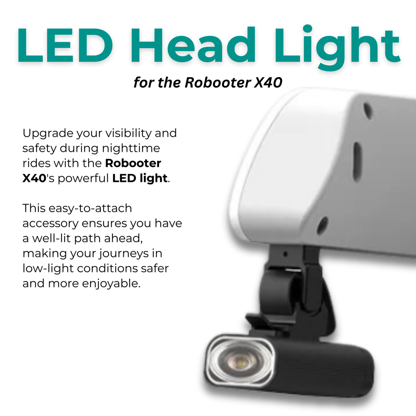 Feature graphic highlighting the Robooter X40 LED head light, designed to provide professional night-driving illumination for the carbon fiber electric wheelchair.