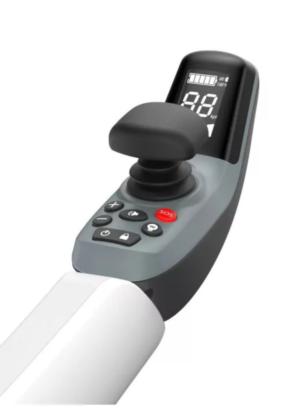 Detailed view of the smart joystick controller and armrest on the Robooter X40 mobility chair.
