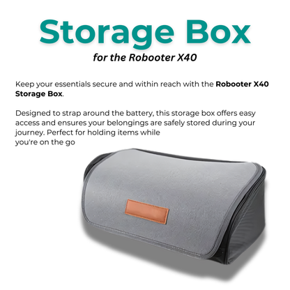 Feature graphic showcasing the Robooter X40 under-seat storage box, highlighting its secure, soft-shell design for discreet cargo utility.