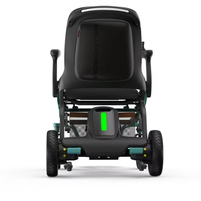 Rear angled view of the green Robooter E40 highlighting the supportive backrest and robust wheelbase.