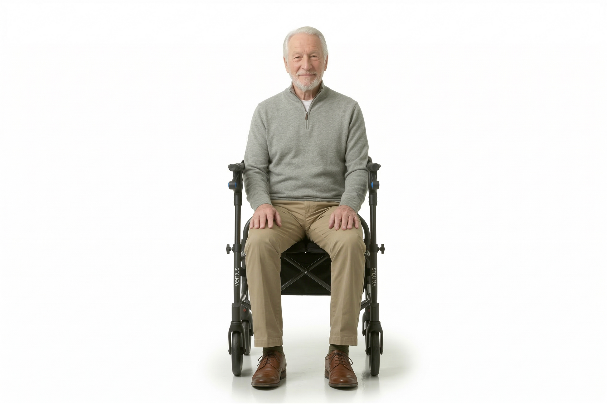 Lifestyle image of a senior man comfortably resting on the padded seat of the neXus 3 rollator walker.