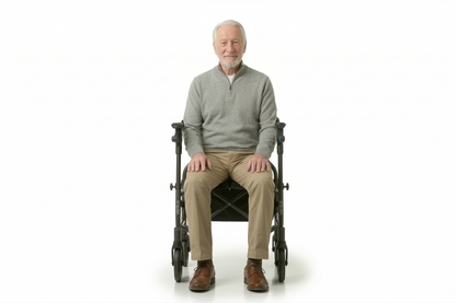 Lifestyle image of a senior man comfortably resting on the padded seat of the neXus 3 rollator walker.