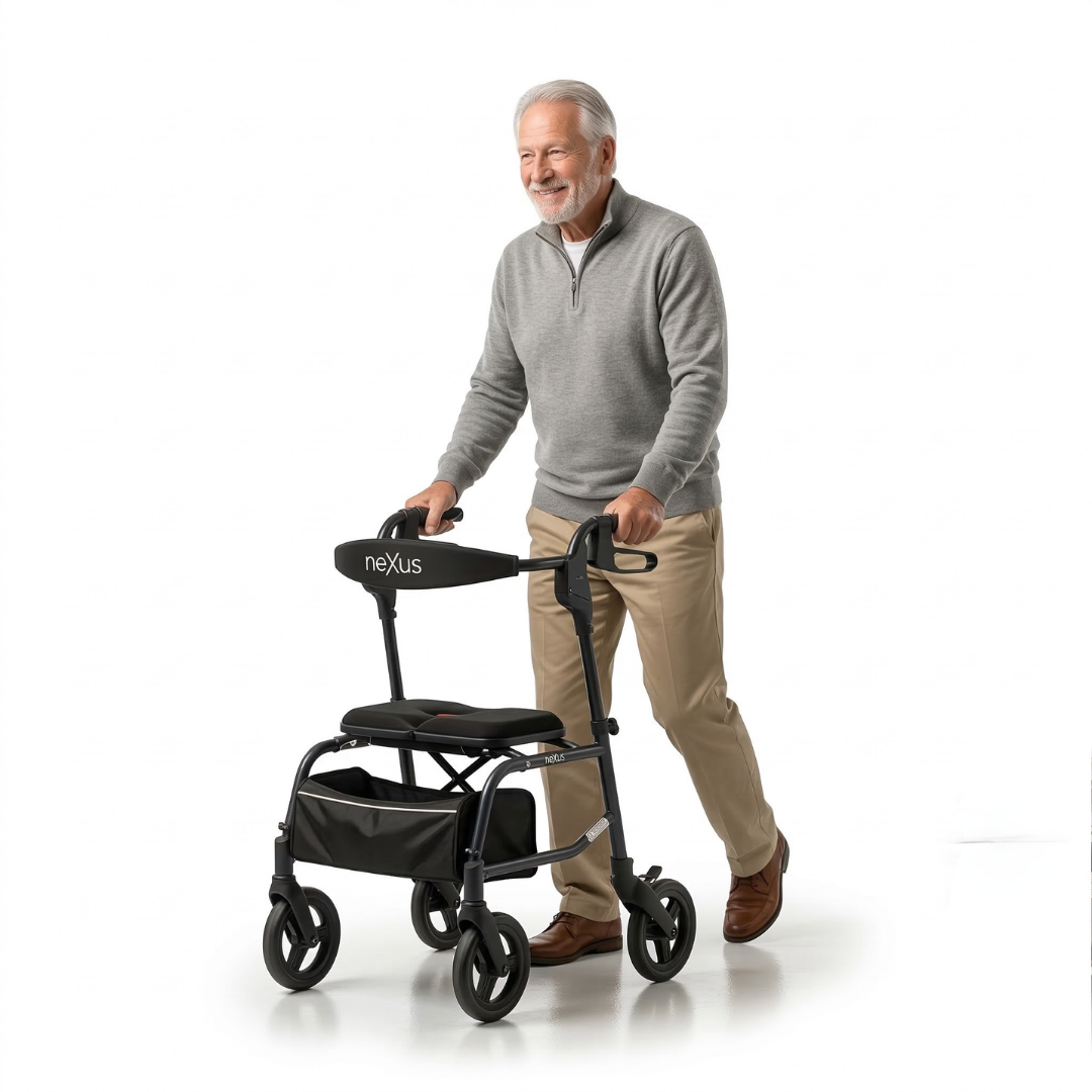 Lifestyle shot of a senior man confidently walking and supported by the Human Care neXus 3 rollator.
