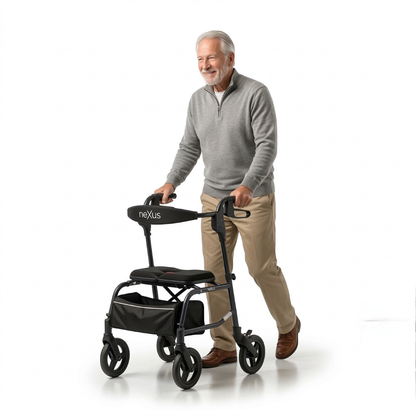 Lifestyle shot of a senior man confidently walking and supported by the Human Care neXus 3 rollator.