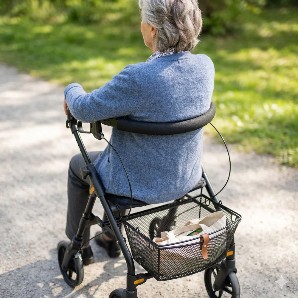 Lifestyle image of a senior man comfortably resting on the padded seat of the Evolution Piper Series rollator indoors.