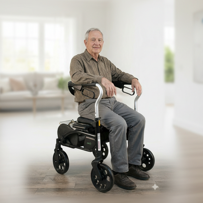 Lifestyle image of a senior man comfortably resting on the padded seat of the Evolution Xpresso Zero rollator indoors.