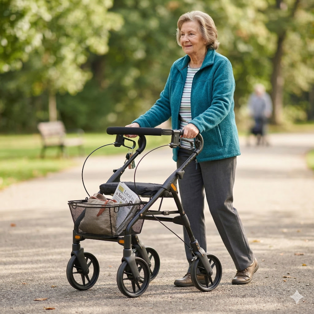 Lifestyle shot of a senior man confidently standing and holding the Evolution Piper Series rollator in a modern indoor setting.