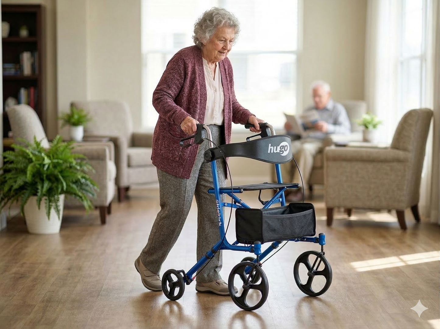 Lifestyle shot of a senior confidently navigating a bright indoor home environment using the compact Hugo Sidekick rollator for reliable support.