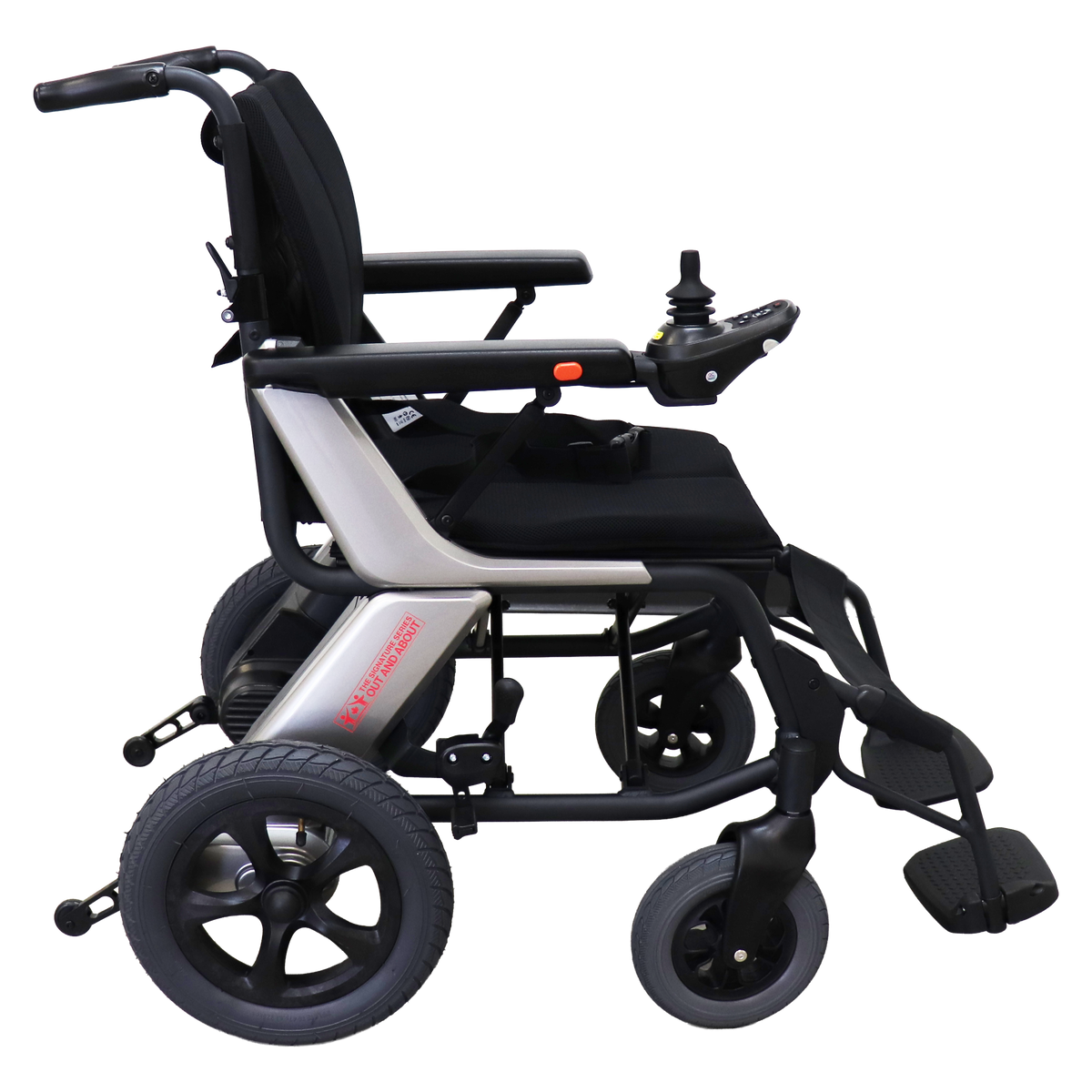 Signature Series Out & About power wheelchair, complete side view with silver frame and black seating