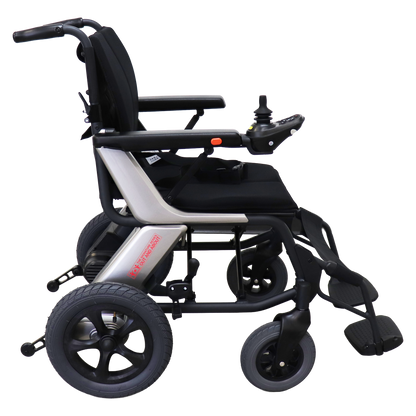 Signature Series Out & About power wheelchair, complete side view with silver frame and black seating