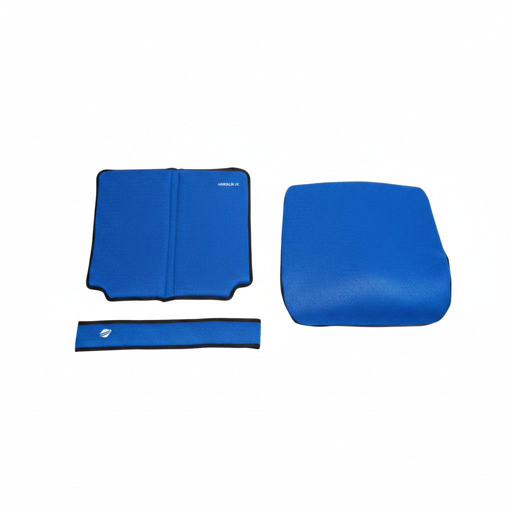 Deep blue 3-piece comfort package laid flat, featuring the backrest, seat pad, and calf rest.
