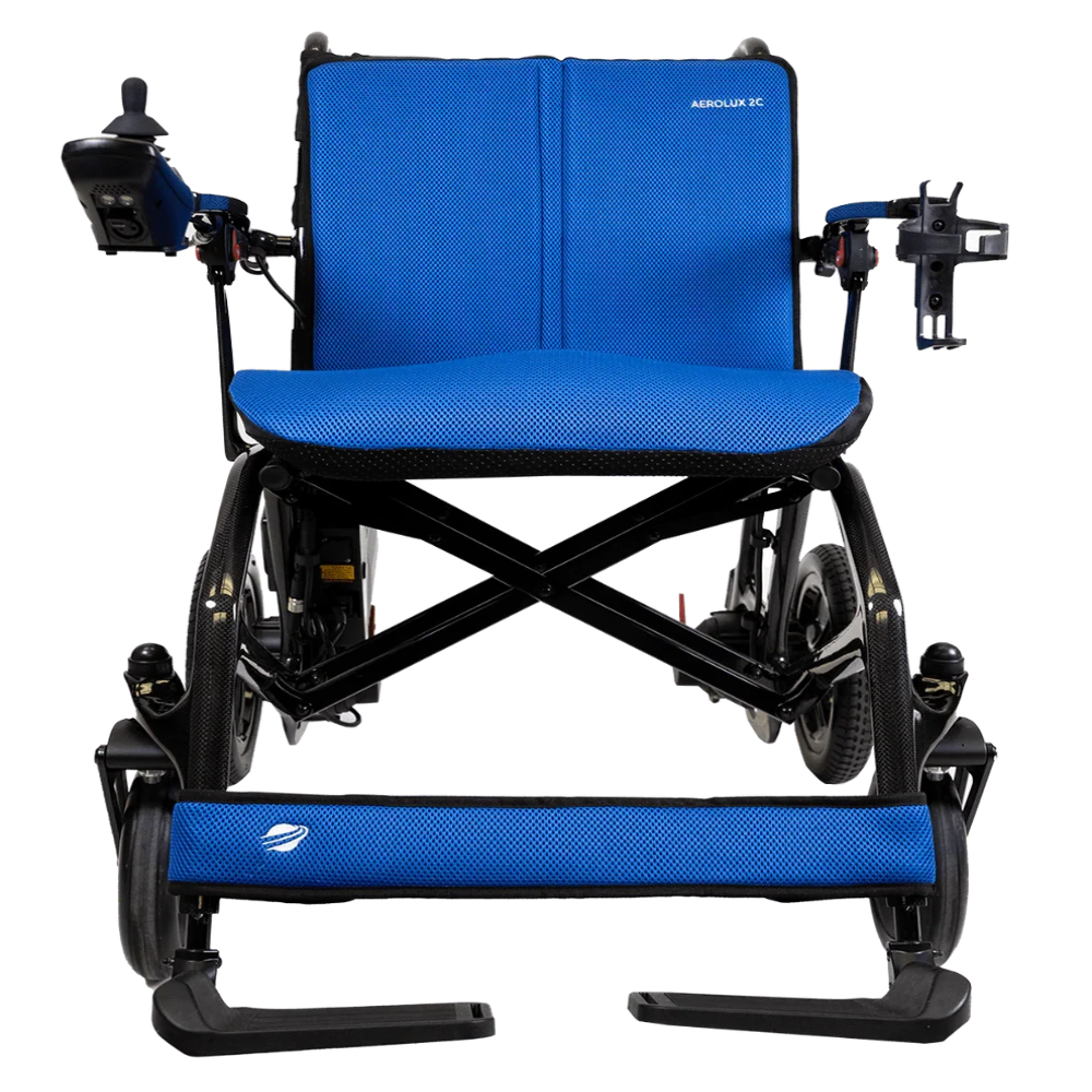 Deep blue replacement cushion set providing upgraded comfort for the AEROLUX 2C carbon fiber wheelchair.