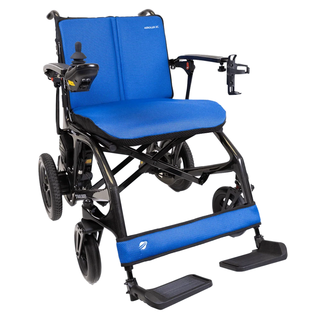 Deep blue replacement cushion set providing upgraded comfort for the AEROLUX 2C carbon fiber wheelchair.