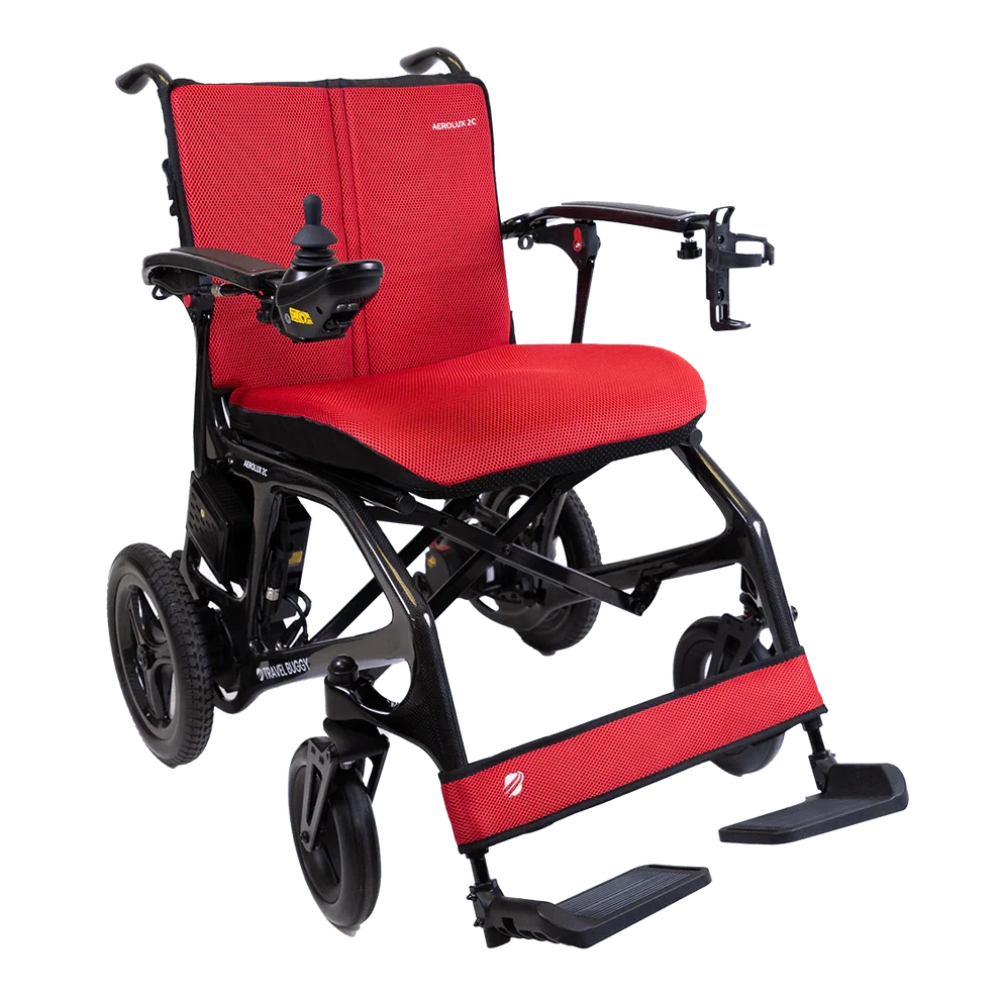 Vibrant red replacement cushion set for the Travel Buggy AEROLUX 2C electric wheelchair.