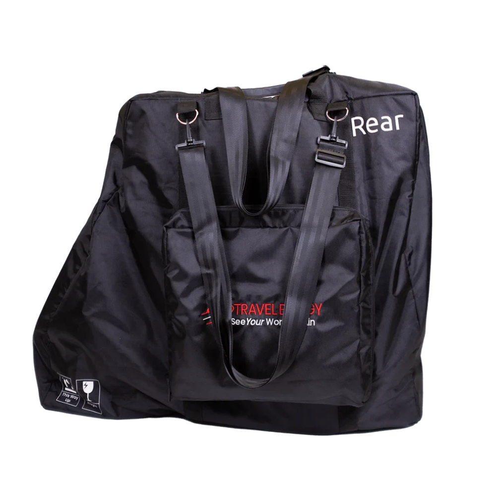Front view of the black Travel Buggy AEROLUX 2C fitted travel bag designed for safe transit and padded protection.
