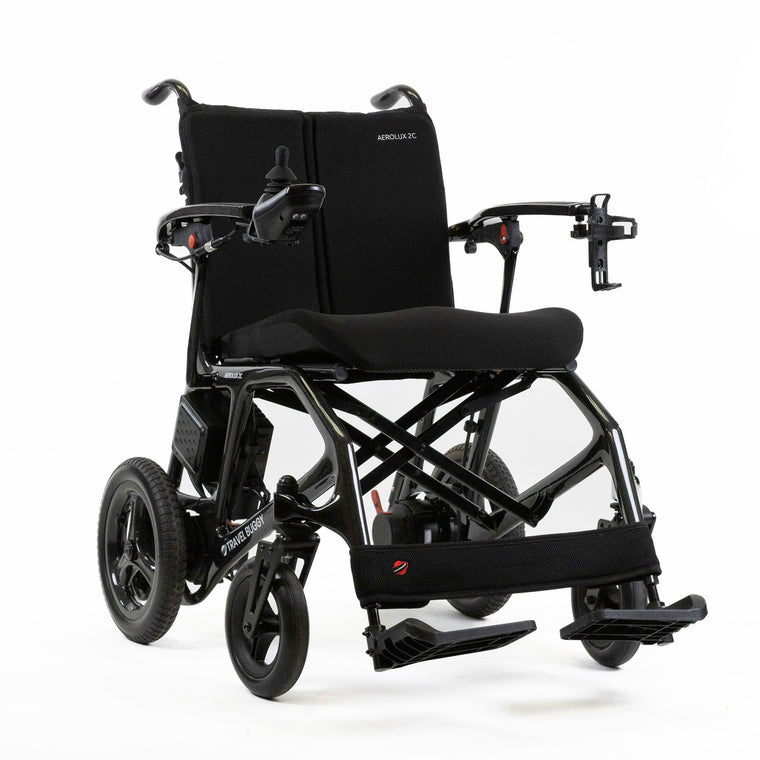 Travel Buggy AEROLUX 2C folding power chair, front right three-quarter view on a white background