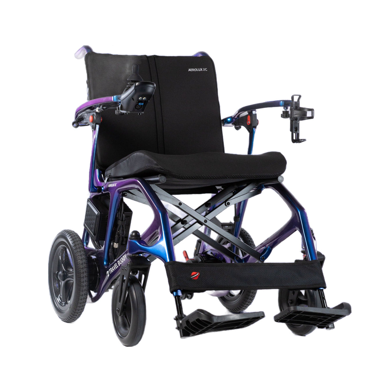 Travel Buggy AEROLUX 2C power chair in Indigo, front three-quarter studio view