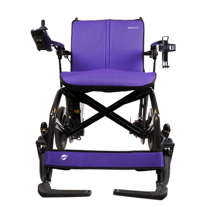 Vibrant purple 3-piece replacement cushion set installed on the Travel Buggy AEROLUX 2C power wheelchair.