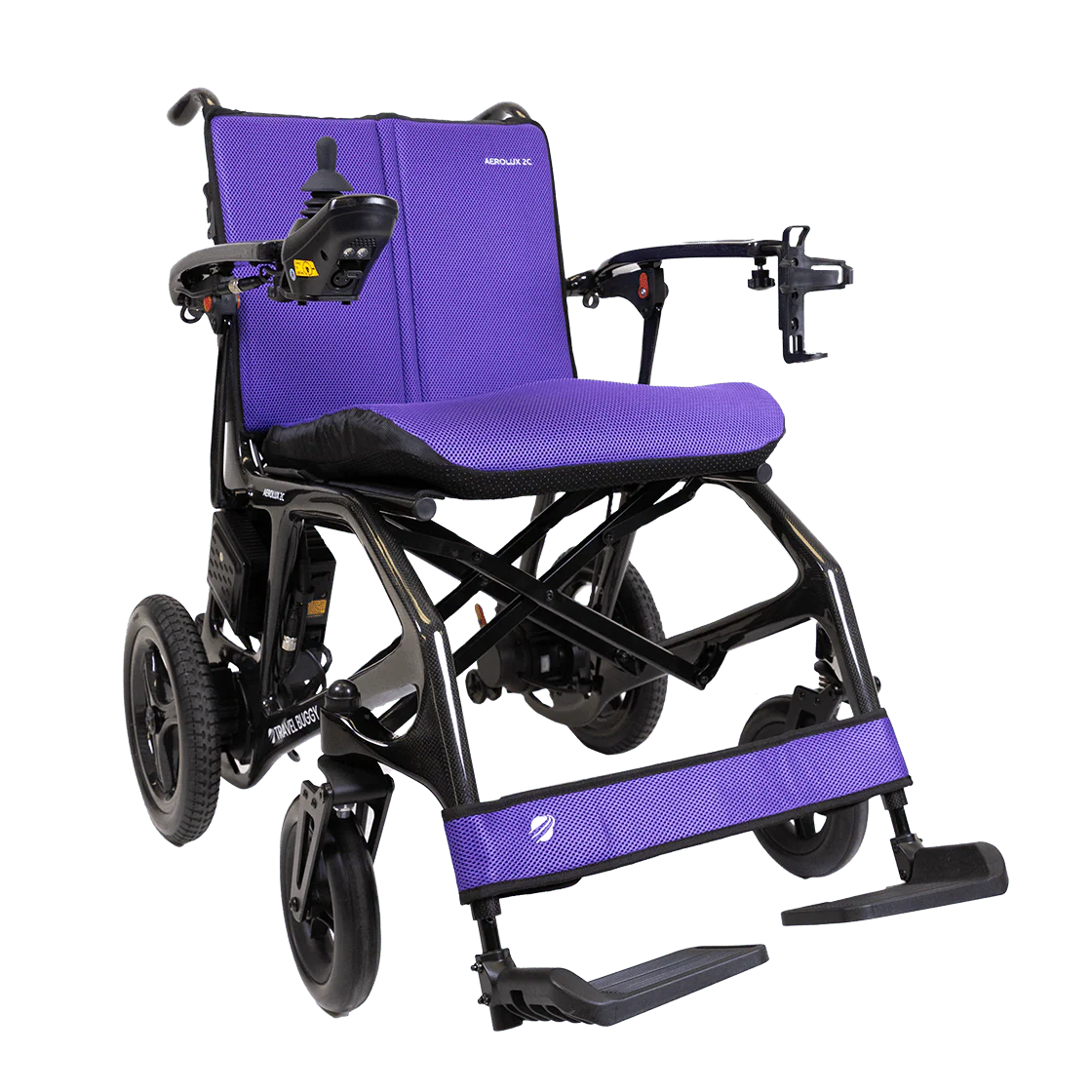 Vibrant purple 3-piece replacement cushion set installed on the Travel Buggy AEROLUX 2C power wheelchair.