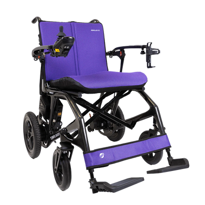Vibrant purple 3-piece replacement cushion set installed on the Travel Buggy AEROLUX 2C power wheelchair.