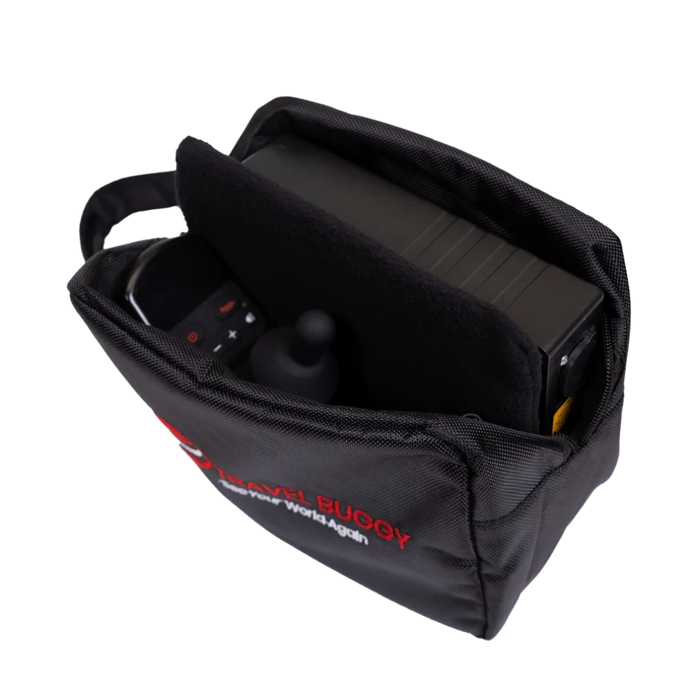 Open Travel Buggy AEROLUX padded carry-on bag showing a battery and joystick safely stored inside.