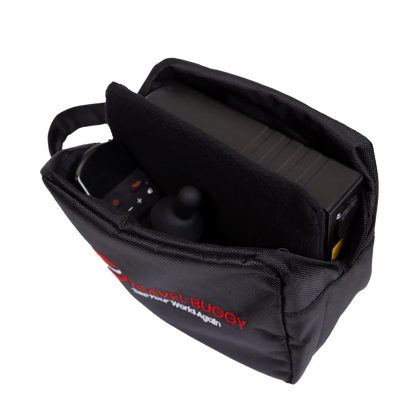 Open Travel Buggy AEROLUX padded carry-on bag showing a battery and joystick safely stored inside.