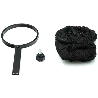 Unassembled parts of the Travel Buggy AEROLUX cup holder including the mounting ring, knob, and flexible mesh bag.