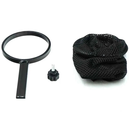 Unassembled parts of the Travel Buggy AEROLUX cup holder including the mounting ring, knob, and flexible mesh bag.