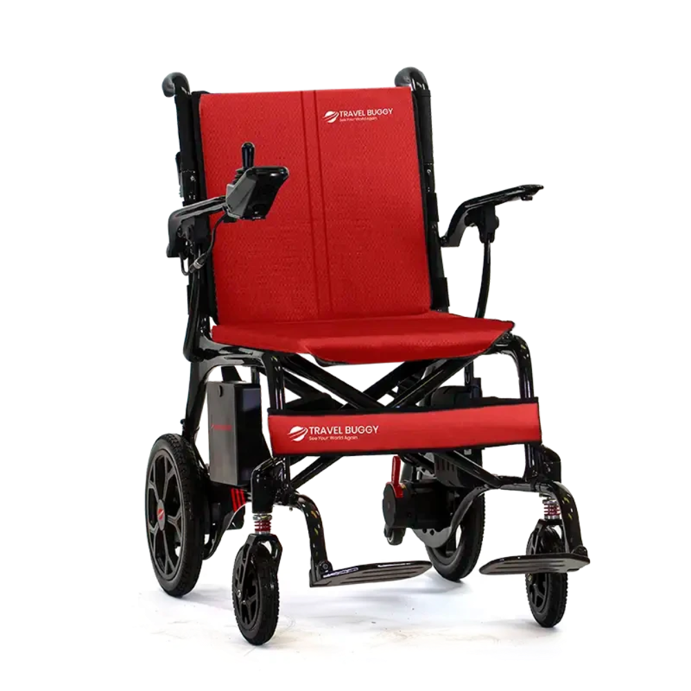 Vibrant red replacement cushion set installed on a Travel Buggy AEROLUX power wheelchair.