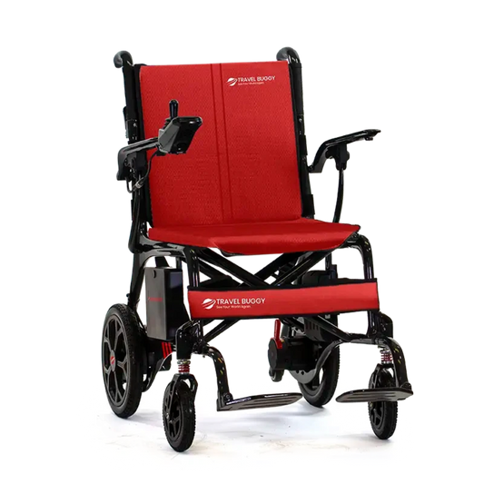 Vibrant red replacement cushion set installed on a Travel Buggy AEROLUX power wheelchair.