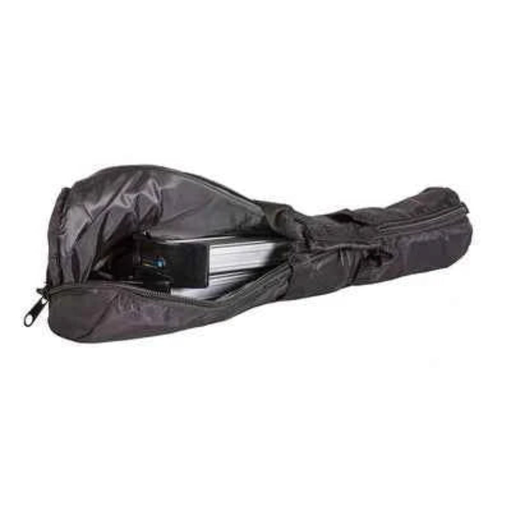 Open Travel Buggy battery carry-on bag showing two City Series lithium-ion batteries safely stored inside.