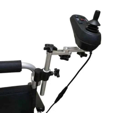 Travel Buggy caregiver joystick mount fitted behind a power wheelchair