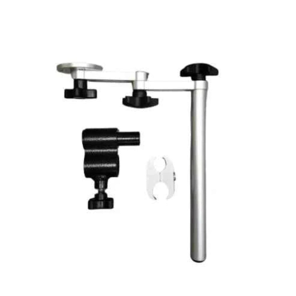 Unassembled hardware components of the Travel Buggy multi-position caregiver joystick mount, including the adjustable bracket and tubing.