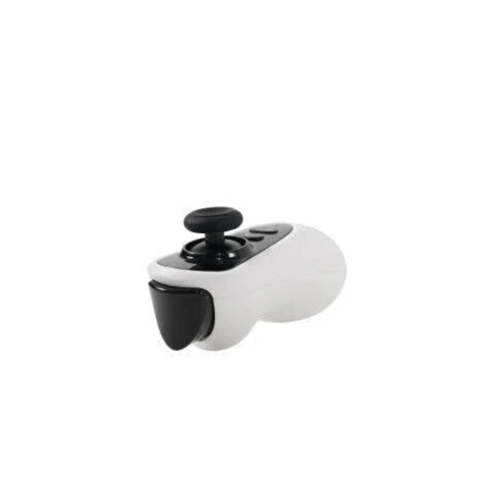 Angled view of the Travel Buggy caregiver remote showing the joystick and control buttons.