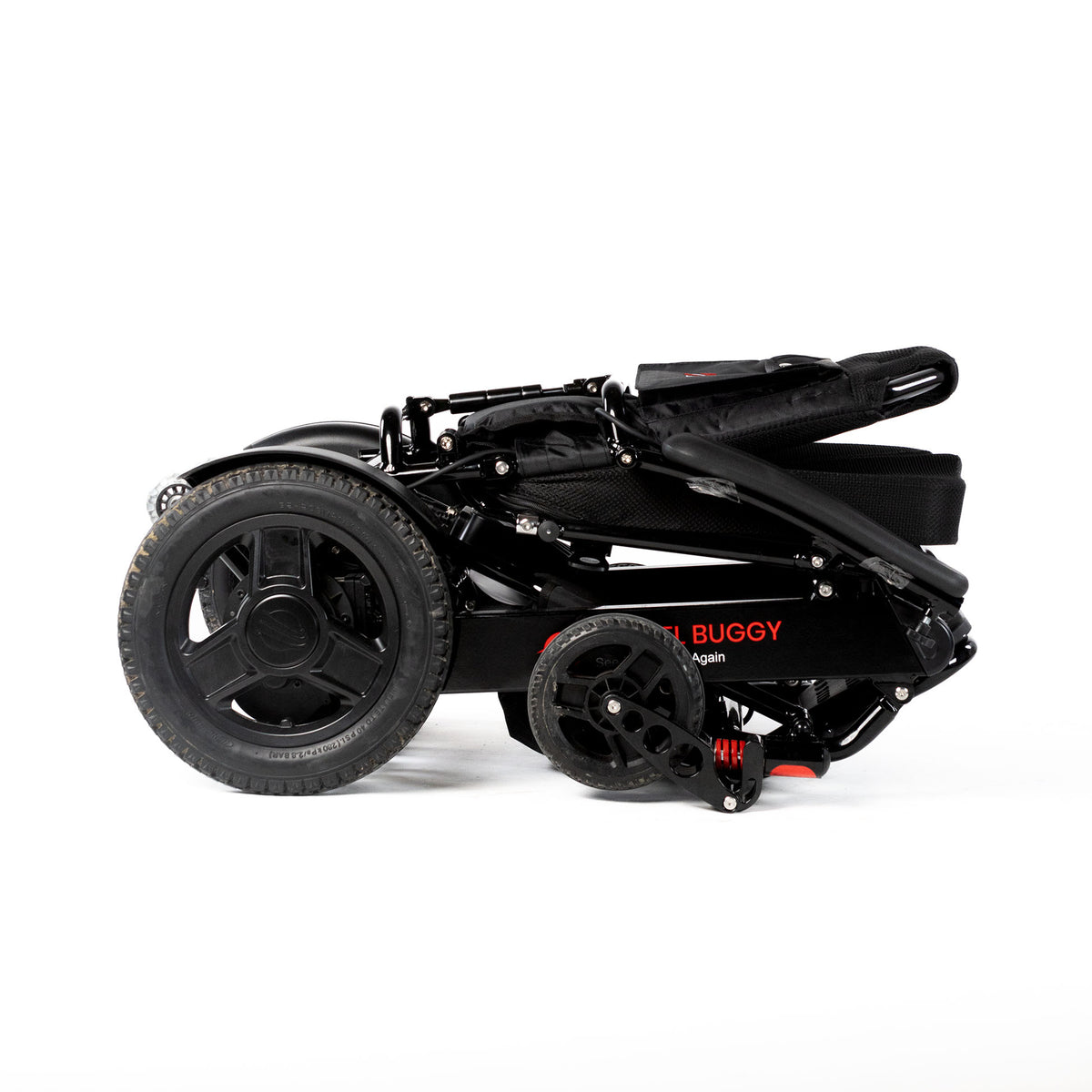 Travel Buggy CITY 2 PLUS power wheelchair in Black, folded flat in right-side view on a white background