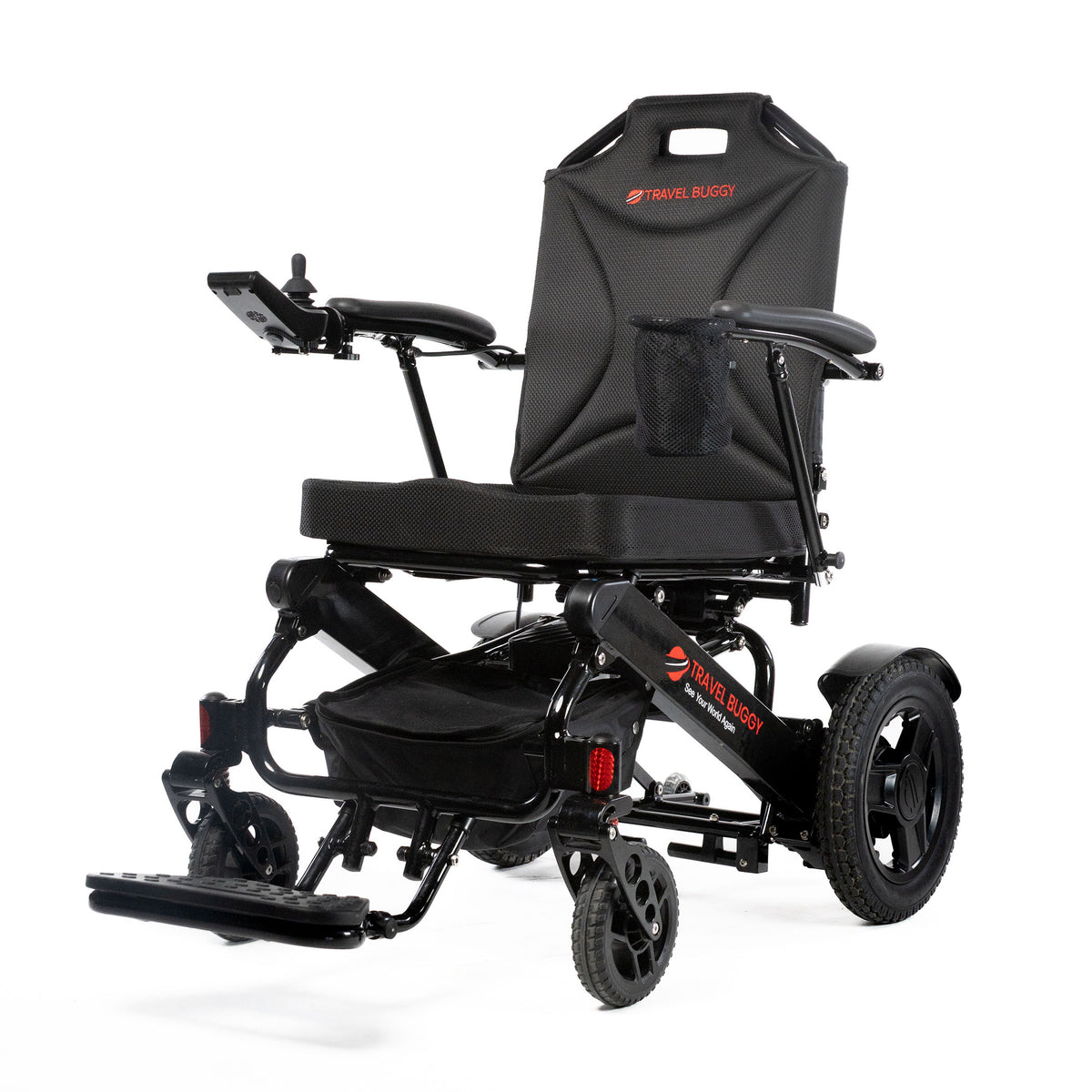 Travel Buggy CITY 2 PLUS folding power wheelchair in Black, front left three-quarter view on a white background