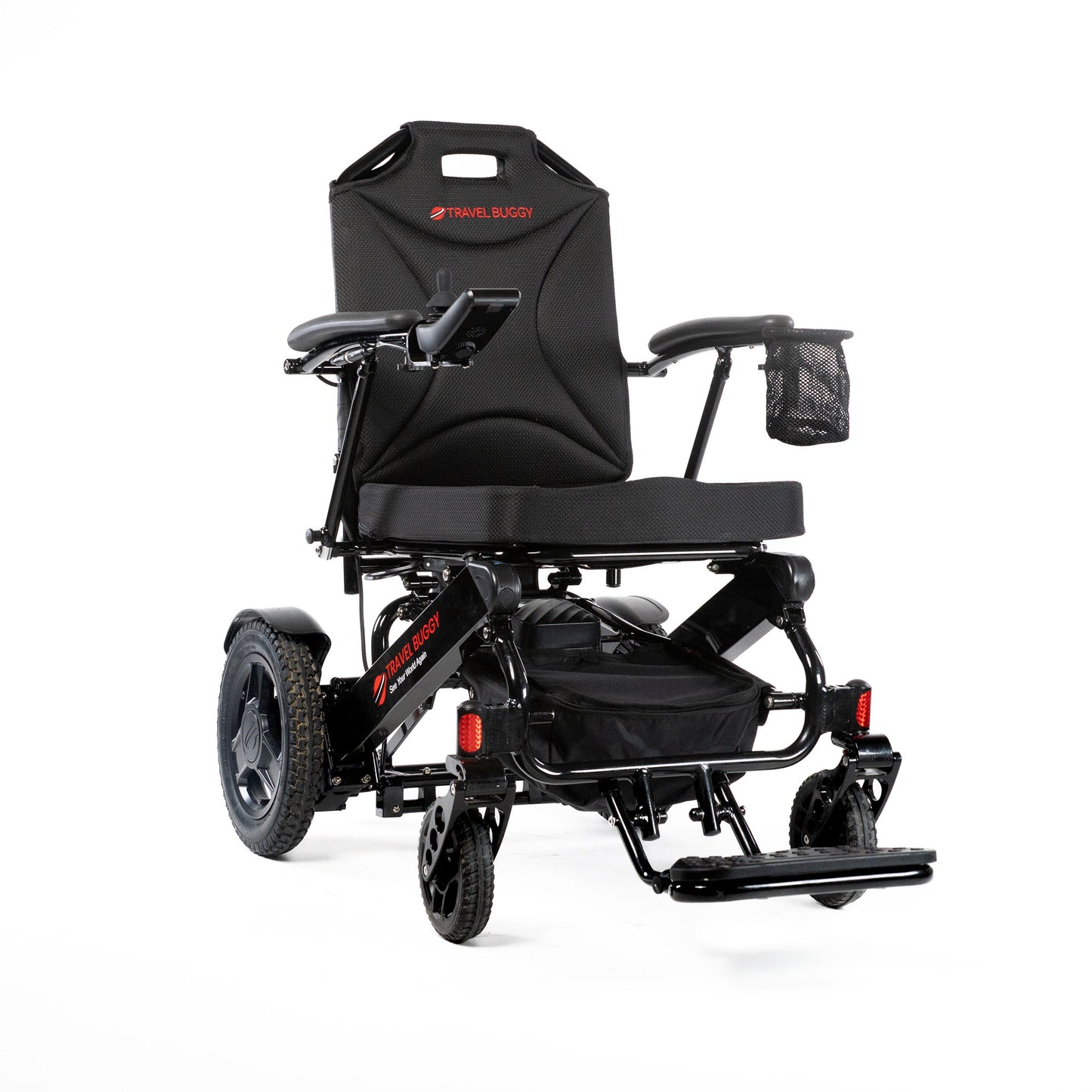 Travel Buggy CITY 2 PLUS folding power wheelchair in Black, front right three-quarter view on a white background