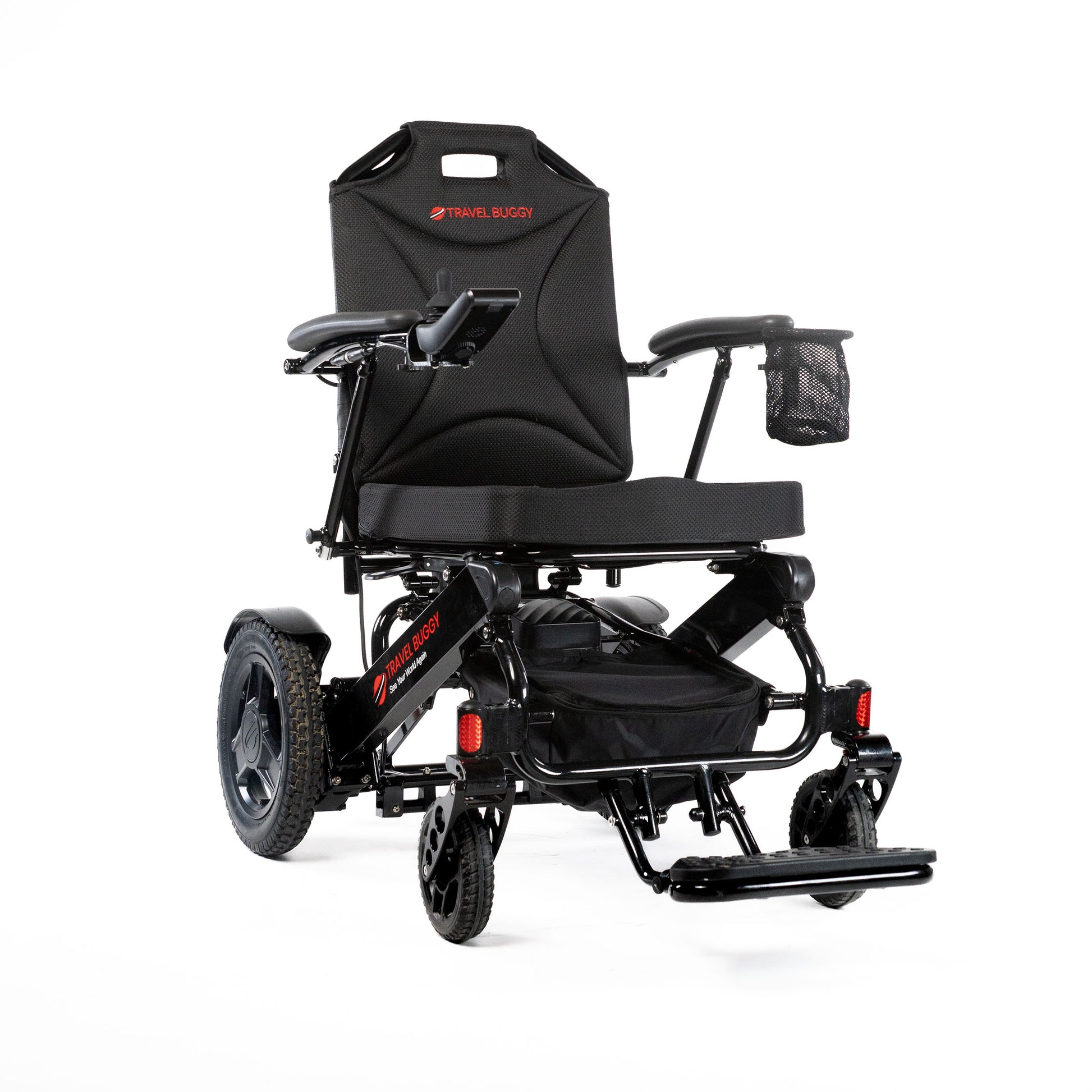 Travel Buggy CITY 2 PLUS folding power wheelchair in Black, front right three-quarter view on a white background