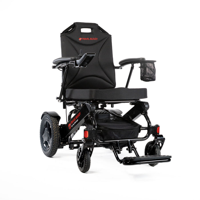 Travel Buggy CITY 2 PLUS folding power wheelchair in Black, front right three-quarter view on a white background